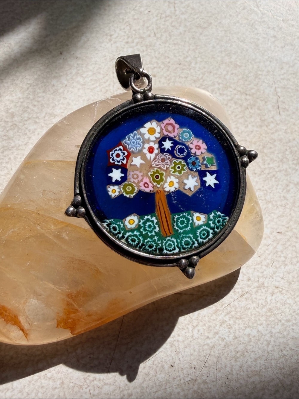 Vintage Sterling Silver Millefiori Tree of Life Pendant